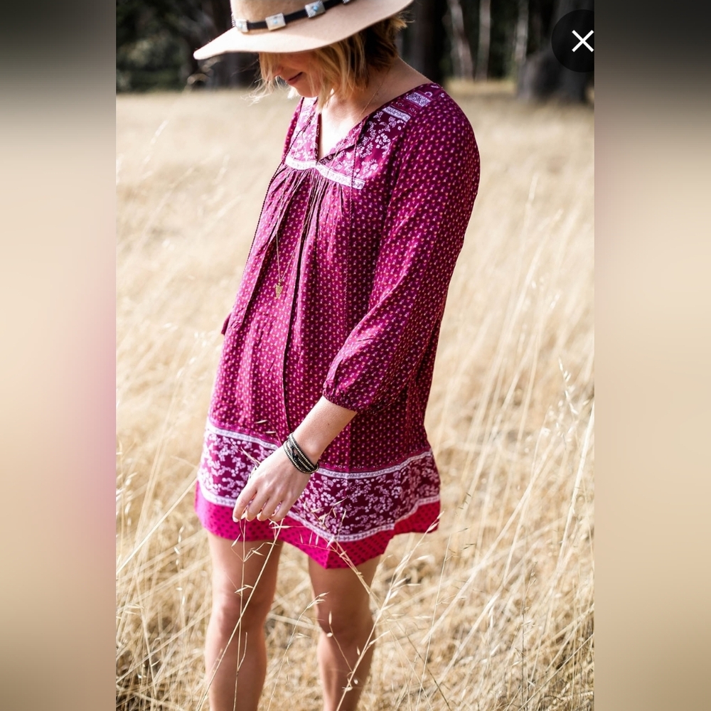 Old Navy 3/4 Sleeve Burgundy Floral Tie V-neck Prairie Dress Hippie Boho…